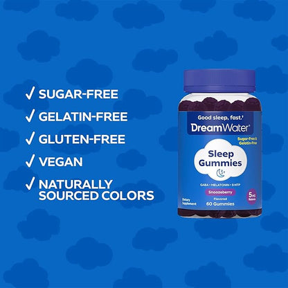 Dream Water Sleep Gummies (60 Count) Sleep Aids for Adults - 5mg Melatonin, GABA, 5-HTP - Natural Snoozeberry Flavor (Blue Raspberry) - Easy Chew Melatonin Gummies - Sugar Free, Gluten Free, Vegan