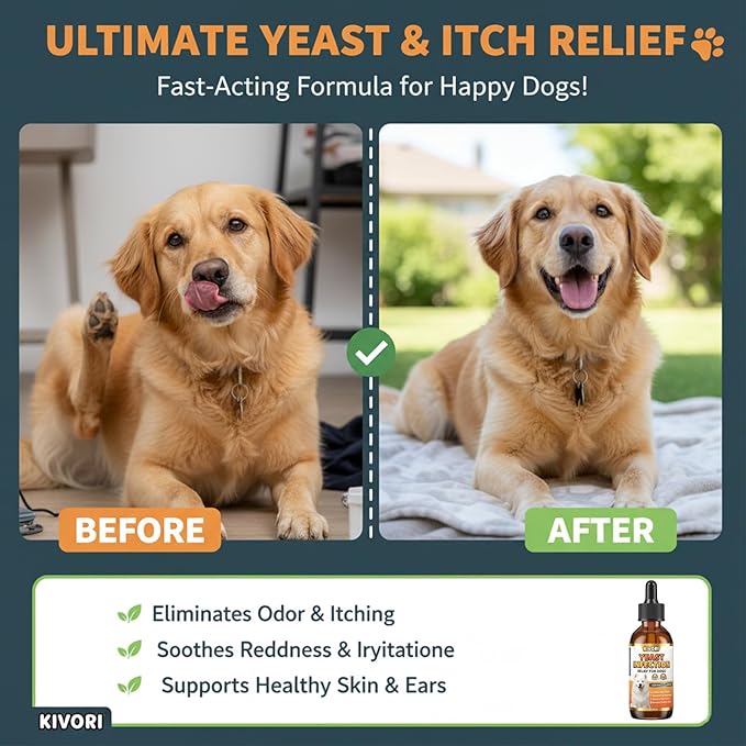 Kivori Yeast Infection Drops for Dogs - Natural Herbal Yeast Drops for Dog Ear, Paw & Skin Itch Relief - All Breeds Anti-Yeast Supplement - 2 fl oz (60ml)