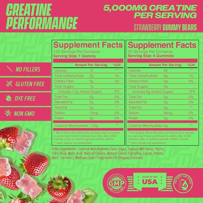 Creatine Monohydrate Gummies 5g with Prebiotic Fiber for Muscle Growth & Strength, 30 Servings, Strawberry - Lab Tested - 5000mg Premium All Natural