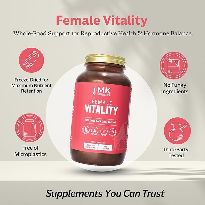 MK Supplements Female Vitality | Grass-Fed Beef Organs for Women | Spleen, Uterus, Ovaries, Fallopian Tubes & Kidney | No Phytoestrogens | 150 Capsules