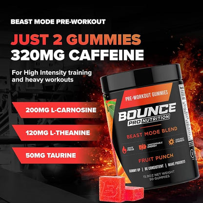 Bounce Pro Beast Mode Pre Workout Gummies with Caffeine, Beta-Alanine & L-Tyrosine for Energy, Focus & Training Intensity (50 Count (Pack of 1), Fruit Punch)
