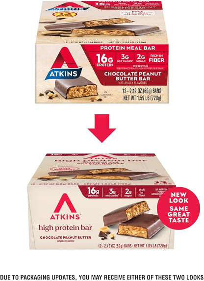 Atkins Chocolate Peanut Butter Protein Meal Bar, High Fiber, 16g Protein, Low Sugar, 3g Net Carb, Low Carb, Keto Friendly, 12 Count