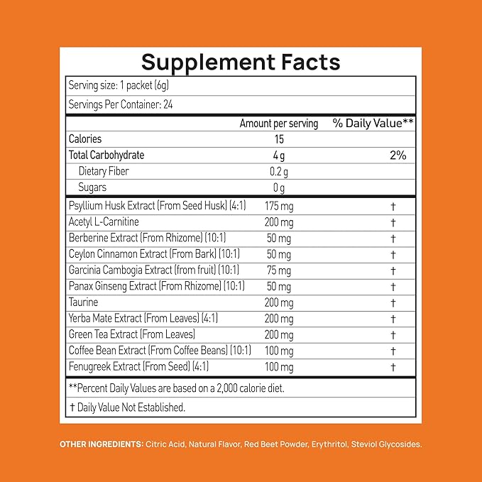 GLP-1 Supplement | Natural GLP-1 Production | GLP 1 Booster Drink Mix to Control Appetite and Cravings | Great Tasting Metabolic Support - Yerba Mate, Garcinia Cambogia, Berberine [Orange]