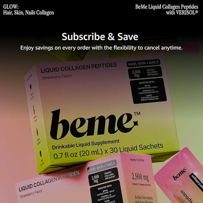 BeMe Liquid Collagen for Women — 2,500mg Hydrolyzed Bovine VERISOL Collagen Peptides Drink — Biotin, CoQ10 & Vitamin C Collagen Supplement for Hair, Skin & Nails — Strawberry, 30 Sachets