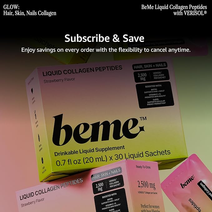 BeMe Liquid Collagen for Women — 2,500mg Hydrolyzed Bovine Collagen Peptides Drink with Biotin & Vitamin C — Clinically Studied Collagen Supplement for Hair, Skin & Nails — Strawberry, 15 Sachets