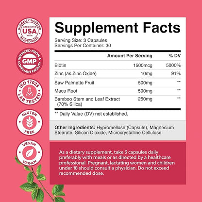 Extra Strength Saw Palmetto for Women 500mg - DHT Blocker for Women 30-Day Supply - Hair Vitamins for Hair Loss Supplement - Pure Saw Palmetto Extract Capsules with Maca Root & Biotin - 90 Count