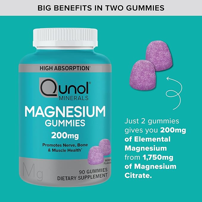 Qunol Magnesium Gummies for Adults, 200mg Elemental Magnesium (from 1,750mg Magnesium Citrate), High Absorption Magnesium Supplement, Supports Nerve, Bone and Muscle Health, Vegetarian, 90 Count