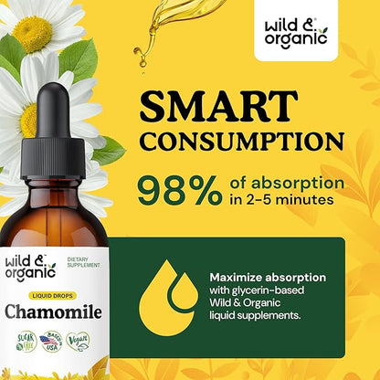 Wild & Organic Chamomile Tincture - Add to Tea for Relaxation Support - 500 mg Chamomile Flowers Drops - Mood Support Herbal Supplement - 28-Day Supply - Vegan, Sugar & Alcohol-Free - 2 fl oz