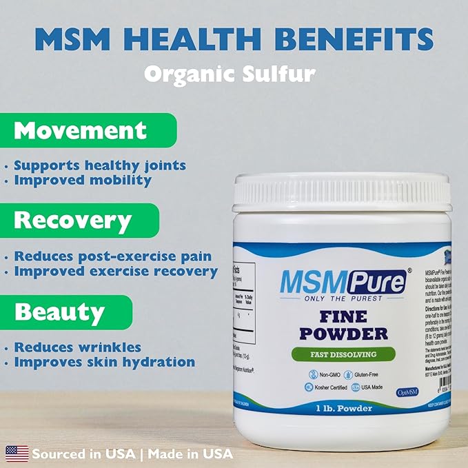 KALA HEALTH MSMPure Fast Dissolving Fine MSM Powder Crystals – US-Made MSM for Joint Health, Skin Appearance, and Hair & Nail Support – 1 lb, Organic Sulfur