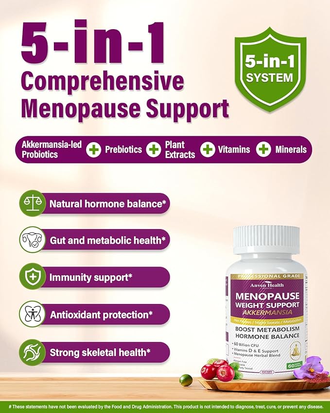 Menopause Supplements for Women 60 Billion with Akkermansia Probiotic & Prebiotic, Vitamin D & E for Hormone Balance, Metabolism, Gut Health, Hot Flashes - Non-GMO | 120 Caps