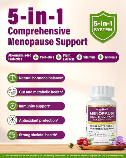 Menopause Supplements for Women 60 Billion with Akkermansia Probiotic & Prebiotic, Vitamin D & E for Hormone Balance, Metabolism, Gut Health, Hot Flashes - Non-GMO | 120 Caps