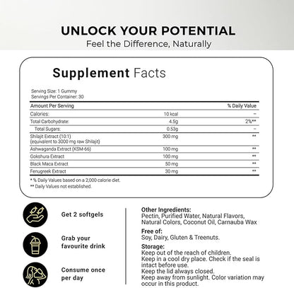 Himalayan Shilajit Gummies for Men & Women, Shilajit Gold Gummies Energy Boost, 85+ Trace Minerals & Fulvic Acid, 60 Count
