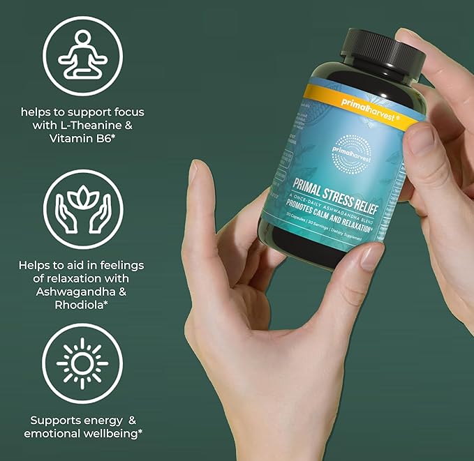Primal Harvest Stress Relief Supplement for Women and Men Pure Ashwagandha Root Extract, L-Theanine Supplements, 30 Capsules