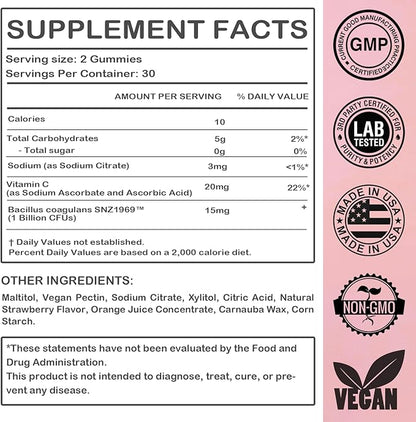 Vaginal Probiotic Feminine Gummies for Women – pH Balance Support & Vitamin C, Strawberry Flavor, Vegan, Sugar-Free, Non-GMO, 60 Gummies (30 Servings)