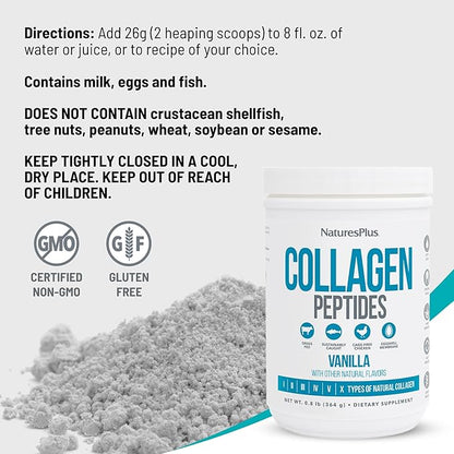 NaturesPlus Collagen Peptides, Vanilla - 0.8 lb Powder - Hair, Skin, Nail & Joint Health, Immune System Support - Non-GMO, Gluten Free - 14 Servings