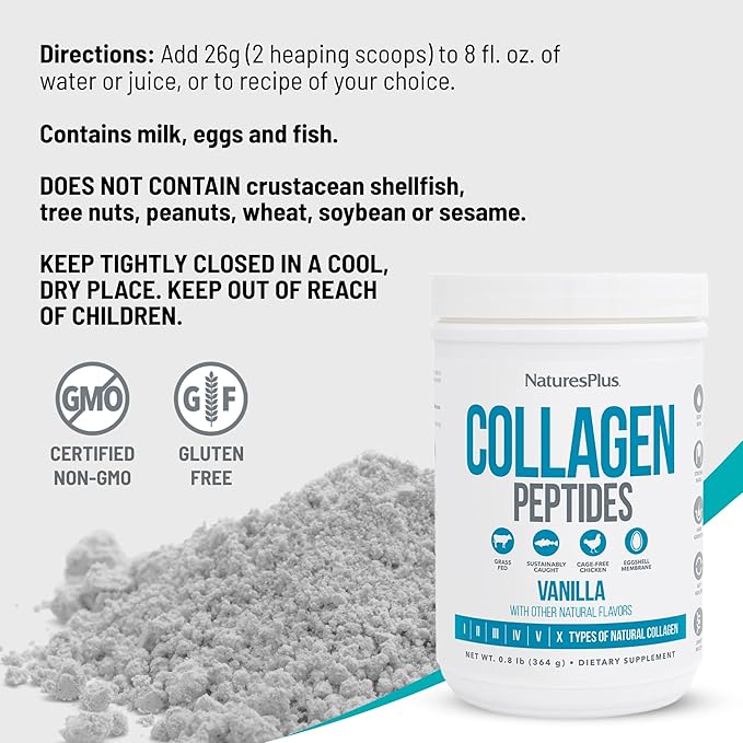 NaturesPlus Collagen Peptides, Vanilla - 0.8 lb Powder, Pack of 2 - Hair, Skin, Nail & Joint Health, Immune System Support - Non-GMO, Gluten Free - 28 Total Servings