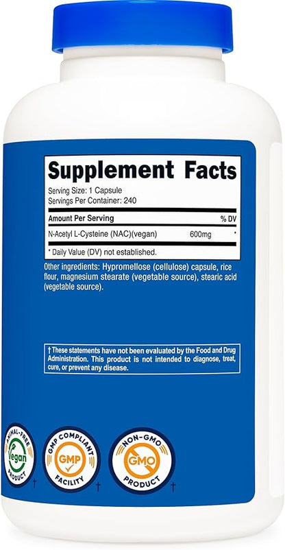 Nutricost N-Acetyl L-Cysteine (NAC) 600mg, 240 Vegetarian Capsules - Vegan, Non-GMO, Gluten Free