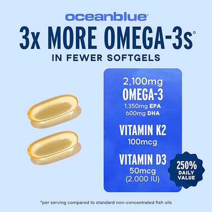 Oceanblue Professional Omega-3 2100 with Vitamin K2 & Vitamin D3 - Triple Strength Burpless Fish Oil Omega-3 Supplement with EPA & DHA - Wild Caught - Orange Flavor - 180 Count
