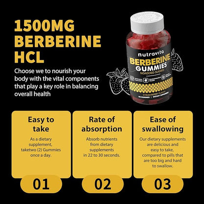 Nutravita Berberine Gummies with Ceylon Cinnamon 1500mg High Potency Berberine HCL Supplement for Immune and Metabolism Support, Sugar Free Organic Berberine Gummies Strawberry Flavor-1PACK