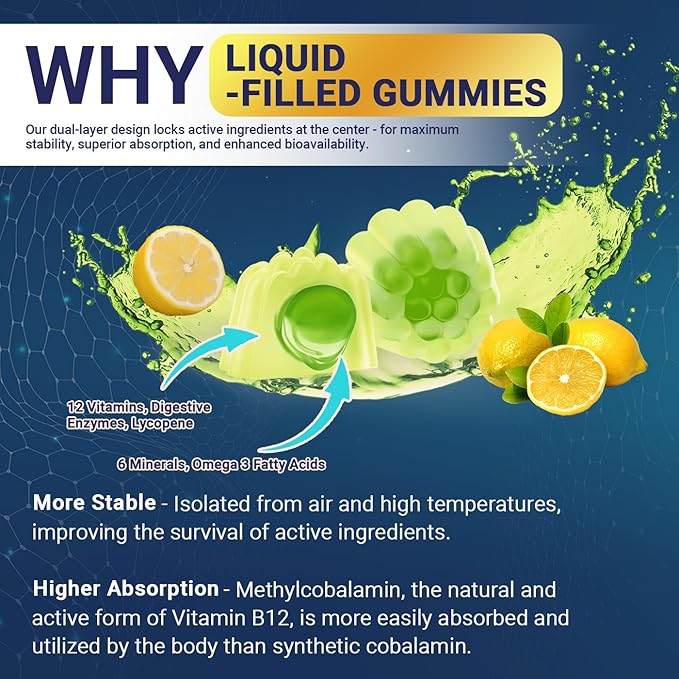 Mens Multivitamins Gummies with Vitamins A C D K E, B Complex, Omega-3, Digestive Enzymes, Lycopene, Calcium, Magnesium, Zinc - Support Brain, Muscle, Energy, Sugar Free, Vegan, 60Cts