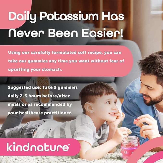 KINDNATURE High Potassium Gummies 500mg for Leg Cramps & Electrolyte Support - Chewable Pure Potassium Bicarbonate Supplement - Adults & Kids - Vegan, Non GMO - 60 Gummies (30 Day Supply)