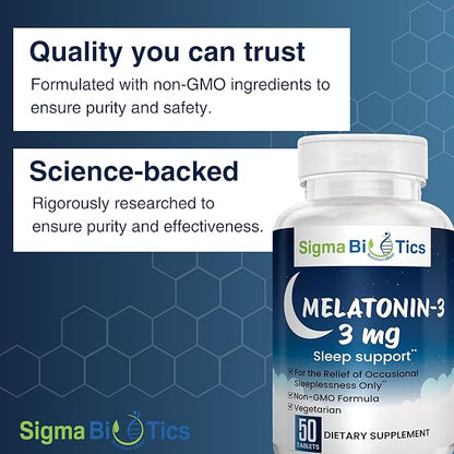 Sigma Biotics Melatonin 3mg Chewable Tablets - Sleep Supplement for Optimum Rest & Sleep-Wake Cycle - Non-GMO Melatonin Pills - Ideal for Occasional Sleeplessness - 3mg Dose, 50 Tablets