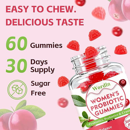 Women Probiotic Gummies for Feminine Health, Supports pH Balance, Vaginal Health, Odor Control & Yeast Balance, Digestive & Immune Support, Sugar Free Cranberry Flavor, 60 Count (Pack of 2)