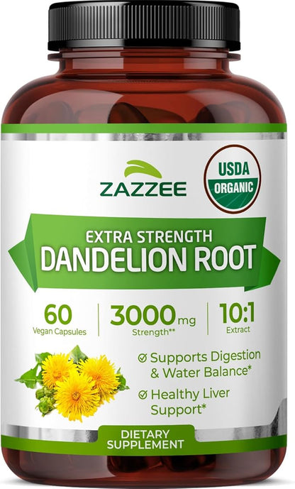 Zazzee USDA Organic Dandelion Root 10:1 Extract, 60 Capsules, 2 Month Supply, Liver & Detox Support, Taraxacum Officinale, Organic Herbal Supplement, All-Natural, Non-GMO, Made in the USA