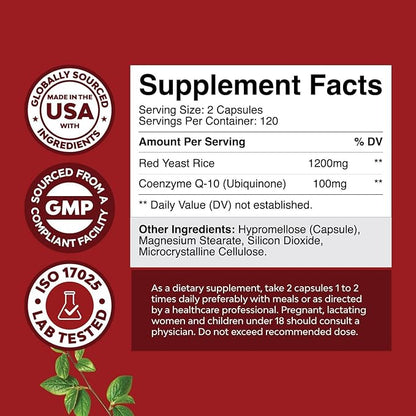 Red Yeast Rice with CoQ10 Supplement - Advanced Healthy Heart & Healthy Cholesterol Levels Formula for Men & Women - Red Yeast Rice Capsules with 1200mg per Serving and CoQ10-240 Count