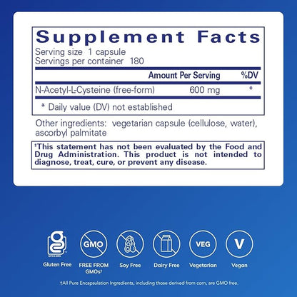 Pure Encapsulations NAC 600 mg - N-Acetyl Cysteine NAC Supplement for Lung Health & Immune Support, Liver Support & Antioxidants* - with Freeform N-Acetyl-L-Cysteine - 180 Capsules