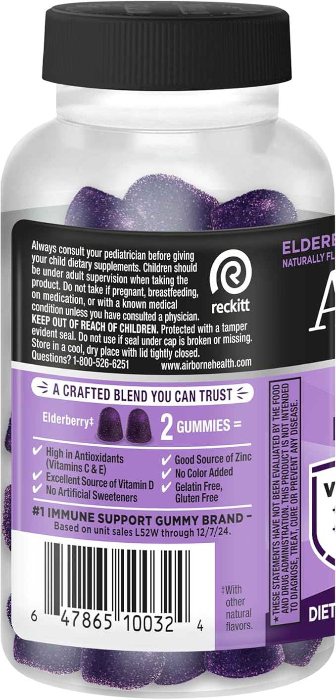 Airborne Elderberry + Zinc & Vitamin C Gummies for Adults,Immune Support with Antioxidants Vitamins C,D & E,Elderberry Flavor,130 Count (Pack of 2)