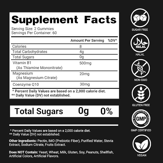 Vitamin B1 Gummies – Sugar-Free Thiamine Supplement with CoQ10 & Magnesium – B1 Gummies for Adults – 120 Gummy Supplement, 2-Month Supply