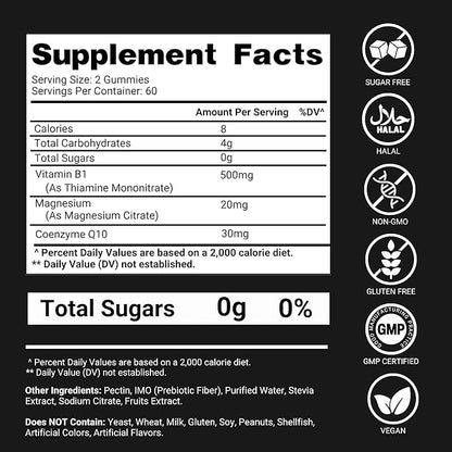 Vitamin B1 Gummies – Sugar-Free Thiamine Supplement with CoQ10 & Magnesium – B1 Gummies for Adults – 120 Gummy Supplement, 2-Month Supply