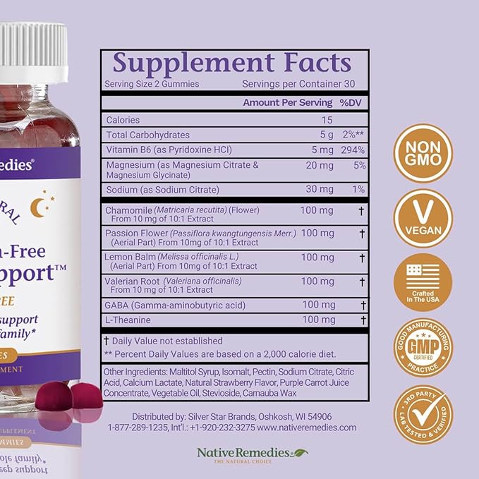 Native Remedies Melatonin-Free Sleep Gummies – Sugar-Free Herbal Formula with GABA, Magnesium, L-Theanine & Valerian – Sleep Aid Natural Support for Adults - 60 Calm Gummy Vitamins