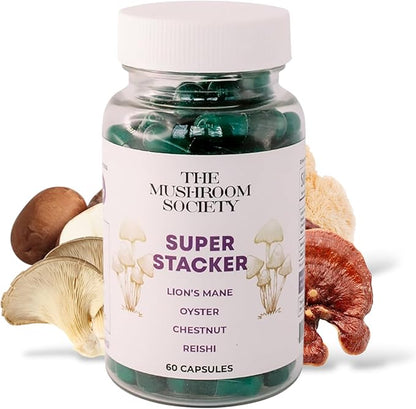 Super Stacker - 4-in-1 Mushroom Supplement Wellness Blend - Lion’s Mane, Oyster, Chestnut & Reishi - Immune, Focus & Daily Vitality - 60 Vegan Capsules