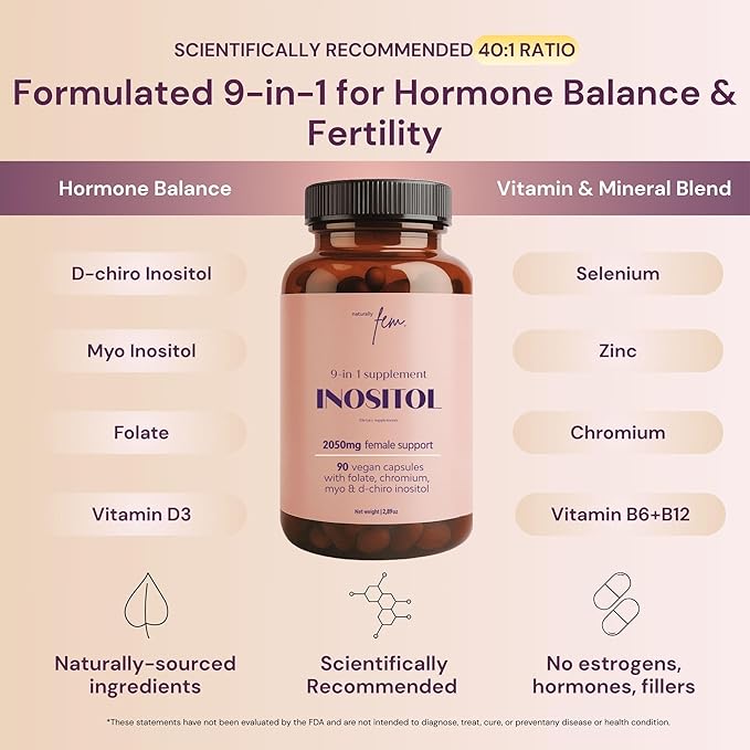 QSTA Myo-Inositol & D-Chiro Inositol Supplement for Women 2050mg (40:1 Ratio) – 9-in-1 Hormonal Balance & Metabolic Support with Folate, Vitamin B6, B12, D3, Zinc & Chromium. 90 Myo Inositol Capsules