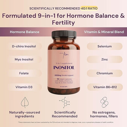 QSTA Myo-Inositol & D-Chiro Inositol Supplement for Women 2050mg (40:1 Ratio) – 9-in-1 Hormonal Balance & Metabolic Support with Folate, Vitamin B6, B12, D3, Zinc & Chromium. 90 Myo Inositol Capsules