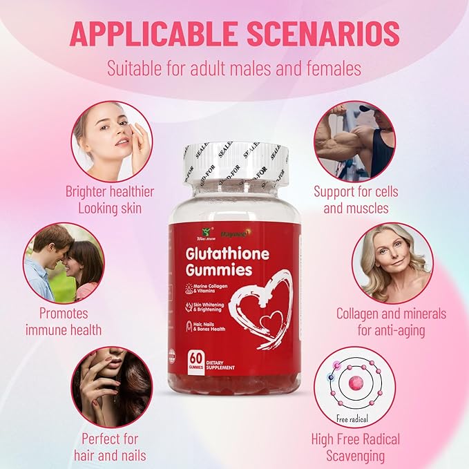Glutathione Gummies 1000mg, Rich in Marine Collagen & Vitamins, Skin Whitening & Brightening, 60 Count