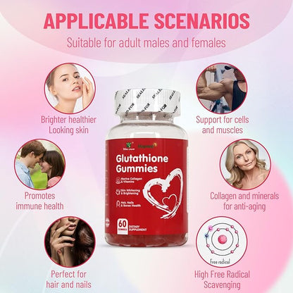 Glutathione Gummies 1000mg, Rich in Marine Collagen & Vitamins, Skin Whitening & Brightening, 60 Count