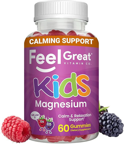 Feel Great Kids Calm Magnesium Gummies - Magnesium Supplement for Children - Magnesium Citrate Gummies - 60 Count