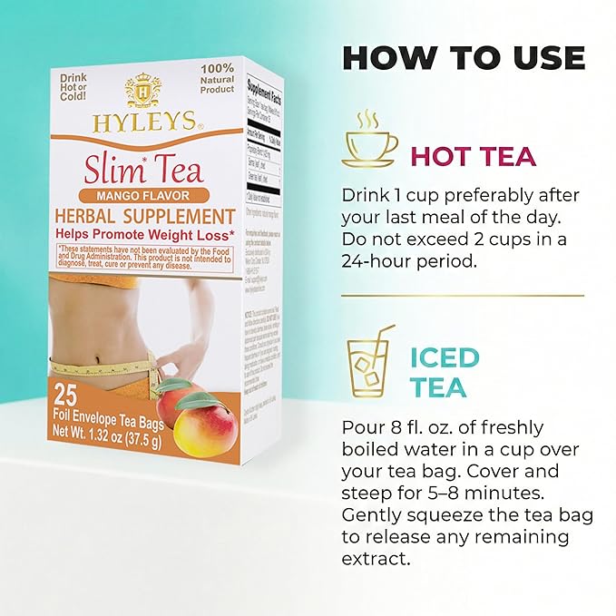 Hyleys Slim Tea Mango Flavor - Weight Loss Herbal Supplement Cleanse and Detox - 25 Tea Bags (1 Pack)