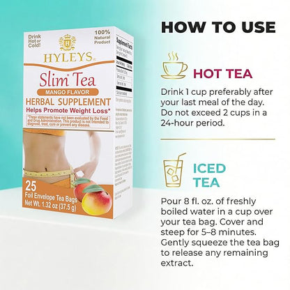 Hyleys Slim Tea Mango Flavor - Weight Loss Herbal Supplement Cleanse and Detox - 25 Tea Bags (1 Pack)