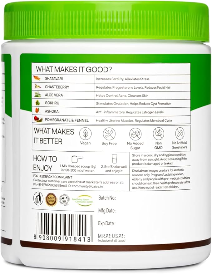 OZIVA Plant Based HerBalance for PCOS | PCOS Supplement for Women for Hormonal Balance & Better Menstrual Cycle | PCOS Drink with Inositol, Shatavari,Chasteberry, Ashoka Certified Clean & Vegan, 250g