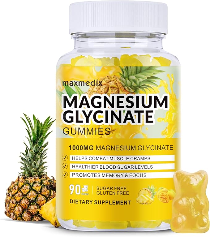 Magnesium Glycinate Gummies 1000mg, Sugar Free Magnesium Potassium Supplements Chewable for Adults with L-Threonate for Sleep, Body Support and Relaxation,90 Mango Pineapple Gummies