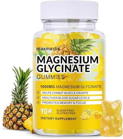 Magnesium Glycinate Gummies 1000mg, Sugar Free Magnesium Potassium Supplements Chewable for Adults with L-Threonate for Sleep, Body Support and Relaxation,90 Mango Pineapple Gummies