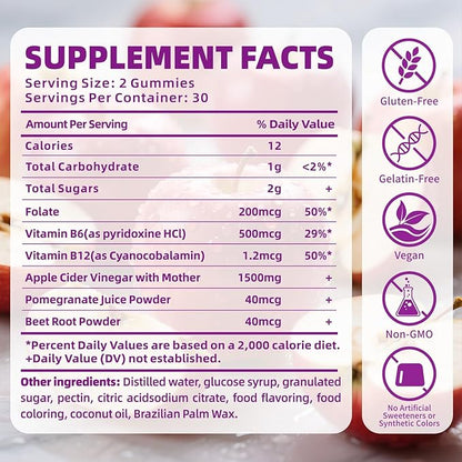 Keto ACV Gummies, Organic Apple Cider Vinegar Gummies Sugar Free: Apple Cider Vinegar with Mother, Vitamin B12 & B6, Gut Health, Metabolism, Gluten Free & Vegan, Beet Root - 60 Count