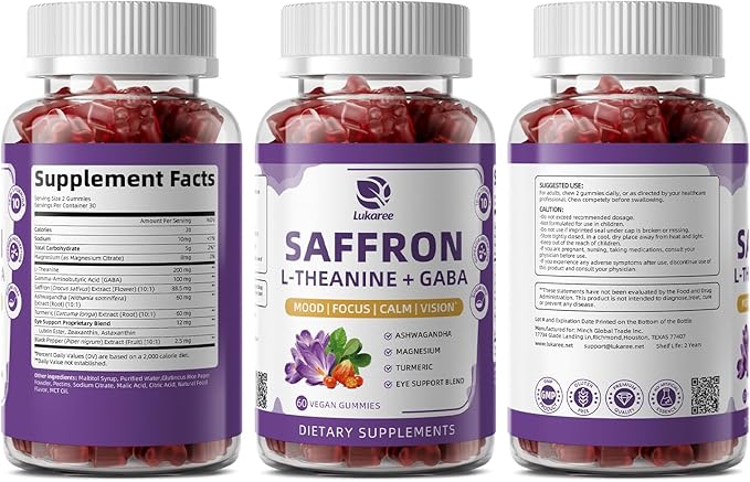 Lukaree 10-in-1 Saffron Gummies Supplements for Mood, Focus & Eye Support with L-Theanine 200mg, GABA, Ashwagandha, Lutein, Zeaxanthin & Astaxanthin, Sugar Free, Vegan, Berry Flavor, 60 Count