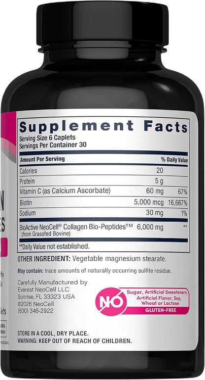 NeoCell Collagen Peptides Pills | 180 Tablets | with Vitamin C and Biotin | Grass Fed Bovine | Hair, Skin, & Nails | for Women and Men