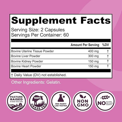 Beef Organ Supplement for Women - Beef Liver, Kidney, Heart and Uterus Tissue, Supports Women's Overall Energy and Health - Pasture Raised in New Zealand - No Fillers or Flow Agents - 120 Capsules