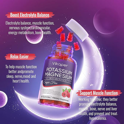 Potassium Magnesium Gummies 1200 mg for Adults Sugar-Free High Absorption Magnesium Glycinate Supplement,Supports Leg Cramps,Muscle,Heart Health,Non-GMO Magnesium Gummy Raspberry Flavor 90 Count